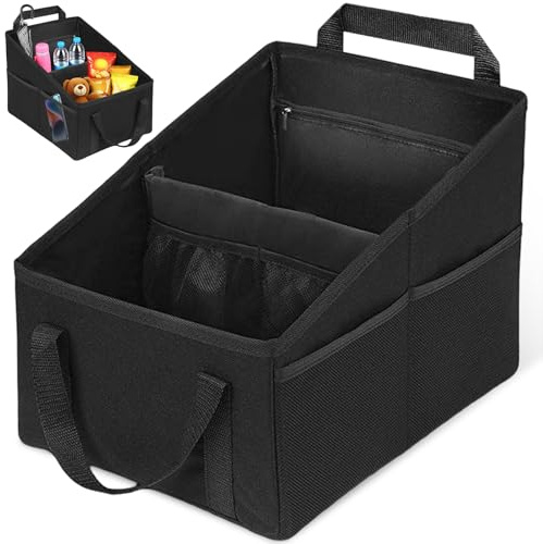 Car Back Seat Organiser with Mesh Pockets & Dual Handles, 2 Compartments Multi-Functional Large Capacity Foldable Cars Boot Tool, Sturdy Oxford Fabric Toys Storage Box Essentials for Kids & Women