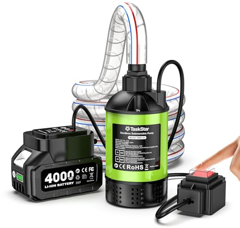 TaskStar Pompe à Eau Submersible Sans Fil Brushless, 4164 L/h Petite Pompe Utilitaire Portable avec Batterie 4000mAh pour Piscine, Jardin, Camping, Récupérateurs d’Eau de Pluie, Drainage Extérieur