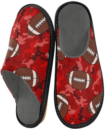 JUNZAN Pantofole a forma di pallone da calcio americano, da donna, in memory foam, per camera da letto, interni, motivo mimetico rosso, Rosso mimetico., 9-10 Women/10-11 Men