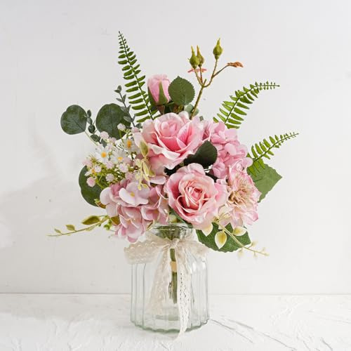 Artificial Flowers in Vase, Fake Dahlia & Hydrangea Bouquet with Pot