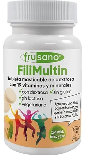 FiliMultin Multivitamínico Frusano 55g intolerancia a la fructosa Sin Gluten, Sin Fructosa ni Lactosa, Vitaminas y Minerales con Dextrosa, Tabletas Masticables Sabor Naranja, Apto Vegetarianos
