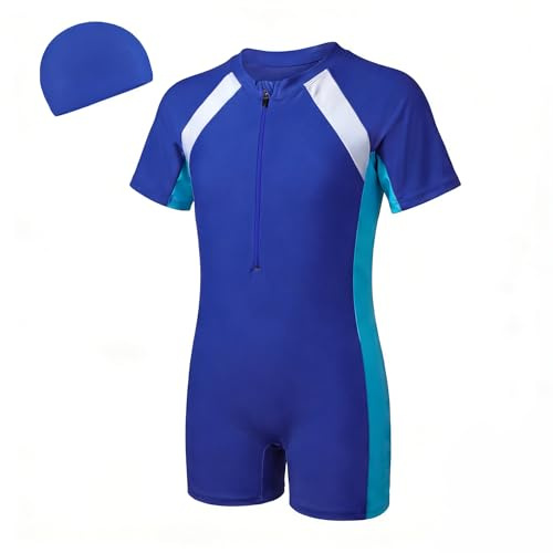 FILOWA Costume Piscina Ragazzo Maniche Corte Costume Intero Costume da Bagno con Cuffia Bambino Asciugatura Rapida Cerniera Costumi da Bagno Estivo Spiaggia Surf per Ragazzai Bambini 8-9 Anni, Blu