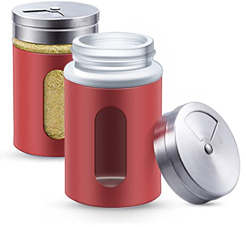 Praknu 12 Gewürzdosen Rot I Gewürzstreuer Edelstahl Set 80ml I Mit Sichtfenster - 3 fach Streuregulierung I Gewürzgläser für Gewürze/Kräuter