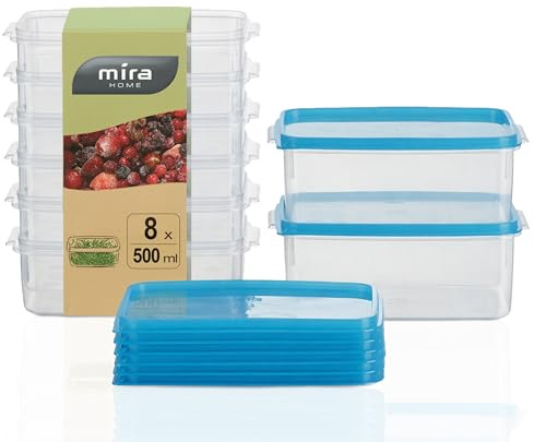 MiraHome Gefrierdosen 8x0,5L rechteckig blau – Vorratsdosen mit Deckel luftdicht – Transparente Frischhaltedosen mit Deckel – Aufbewahrungsbox Küche für Mealprep & Organisation – Austrian Quality