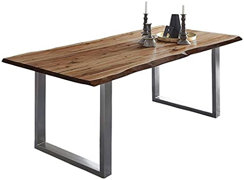 SAM Baumkantentisch 200x100 cm Mephisto, Akazienholz massiv + nussbaumfarben lackiert, Esstisch mit Silber lackiertem U-Gestell, Esszimmertisch/Holztisch, Tischplatte 26 mm