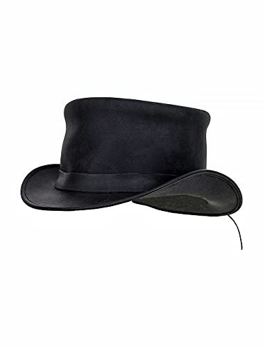 Genuine Leather Top Hat Fashion Gentleman Hat Black Deadman Top Hat for Men Women, Black, L