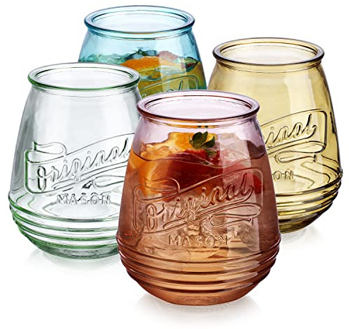 Wine Glasses Set Of 4 Assorted Colored Stemless Glasses 21 OZ. Original Mason Large Wine Cup, Red and White Wine Drinking Water Glasses. Juice, Cocktails, Smoothies, Vintage Bar