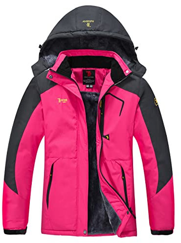 YSENTO Damen Winterjacke Wasserdicht Skijacke Outdoor Softshelljacke Warm Fleecejacke Funktionsjacke mit Abnehmbarer Kapuze(Rose,XL)