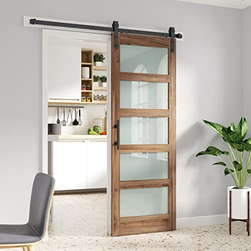 FREDBECK 32 x 84 inch Glass Barn Door with 5.5FT Barn Door Hardware Kit & Handle Included,5-Panel Frosted Glass,Water-Proof Surface,Pre-Drilled Holes,Need Assembly