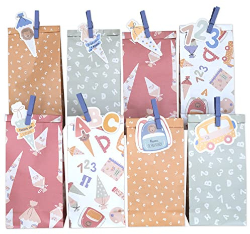 Papierdrachen 12 bedruckte Geschenktüten mit Anhängern zur Einschulung - Pastell - Mitgebsel zum Befüllen und Verschenken für Schulkinder - Dankeschön an deine Gäste - Schulkind 2026