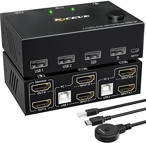4K@60Hz KVM Switch 2 PC 2 Monitore, ESKEVE HDMI Dual Monitore KVM Switch mit 4 USB-Anschlüssen, Desktop-Controller und 2 HDMI- + 2 USB-Kabeln im Lieferumfang enthalten