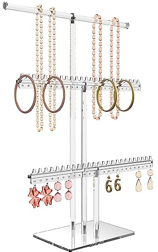 lengnoyp Premium Jewelry Stand, Earring Holder, Necklace Holder Stand, Clear 3-Tier Acrylic Large Storage Jewelry Organizer Stand & Bracelet/Bangles Stand, 48 Earring Holes Display Stands