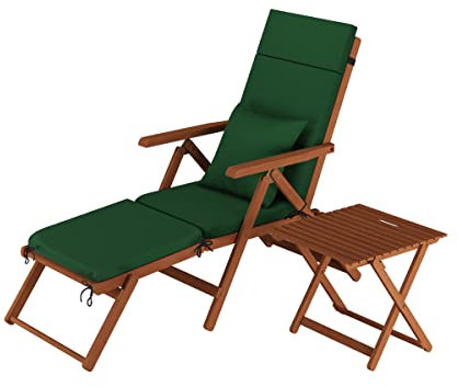 Erst-Holz Deckchair, Balkonstuhl, Klassische und robuste Balkonliege mit Tisch wählbarem Zubehör V-10-200T, Ausstattung Liegestuhl:Polster grün + Kissen