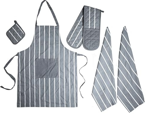 Olivia Rocco Kitchen Sets Apron Double Oven Gloves Towel Set Heat Resistant Oven Mitts Pot Holder for Home Kitchen Baking and Cooking Pack of 5, Butcher Stripe Grey