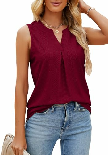 TrendiMax Tank Top Damen Lang V Ausschnitt Ärmellose Bluse Sommer Oberteile Casual Tunika Locker Shirts (XL, Weinrot)