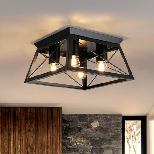 FORCOSO 4 flammig Deckenleuchte Schwarz E27 Moder Industrial Quadrat Metall | Vintage Deckenleuchte für Wohnzimmer Schlafzimmer Küche Eingang - Keine Glühbirne