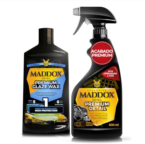 Maddox Detail - Pack de Protección y Brillo para Coche | Limpieza de Salpicadero y Cera Carnauba para Exteriores | Cuidado y Brillo de la Pintura del Vehículo | Premium Detail + Premium Glaze Wax