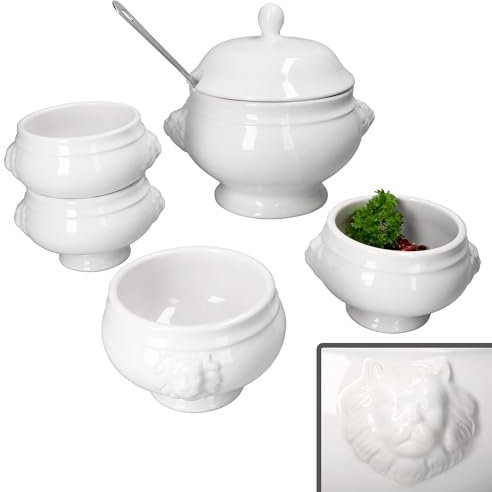 MamboCat 5tlg. Set LEO Löwenkopf-Terrine mit & ohne Deckel I 4x 0,45L & 1x 2 Liter I weiße Suppenschüssel mit Löwenköpfen für Suppe & Eintöpfe