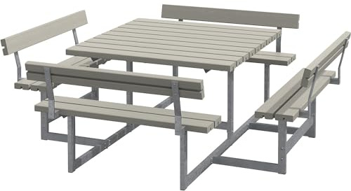 Kaiser + Kraft Gruppensitzbank für 8 Personen | Nadelholz, LxT 2240 x 2240 mm, mit Lehne, graubraun
