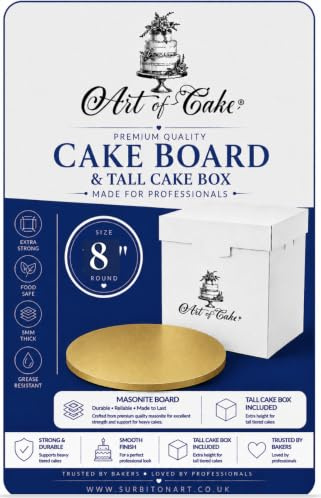 Art of cake® Glossy Gold Masonite Cake Board (5mm) and White Tall Cake Box (8 Gold)