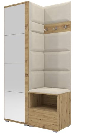 RAVIO Flurgarderobe 100 cm mit Kleiderschrank & Spiegel, Garderobenset Flur mit Schuhschrank, Sitzbank, Garderobenpaneel, Wandpolster & Push to Open Türen - Artisan Eiche/Wandpaneel Creme