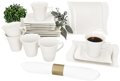 MamboCat Service à café ivoire 18 pièces I Vaisselle en porcelaine blanc ivoire pour 6 personnes I 6 tasses de 120 ml, soucoupes et assiettes pour petit déjeuner et café