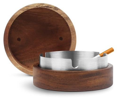 Wizard Design Smell-Proof Ashtray with Lid - Wooden and Stainless Steel Insert for Indoor and Outdoor Use, Garden 9.2 x 3.3cm