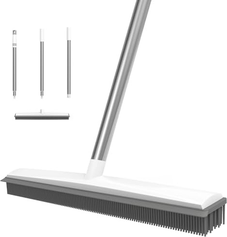 Rubber Broom, Pet Hair Removal Rubber Broom with Built in Squeegee, 120cm Adjustable Handle, Floor Brush for Carpet Windows Wooden Floor Sofa Bathroom Rugs Car Floor No Scratch