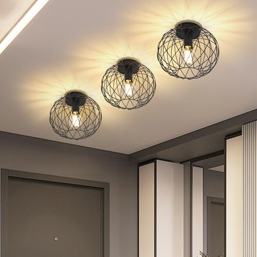Glitzerlife Deckenleuchte Schwarz Flurlampe Industrial 3ER Deckenlampe | E27 1 Flammig Retro Lampenschirm Metall Runde Käfig Lampenschirm Gitter Wohnzimmerlampe Schlafzimmer Ohne Leuchtmittel