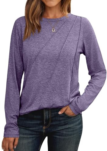 Cuptacc Chemise à Manches Longues Femme T-Shirt Col Rond Manches Longues Blouse Casual avec Plis Basic Top Mode Violet, Taille Moyenne M 38-40