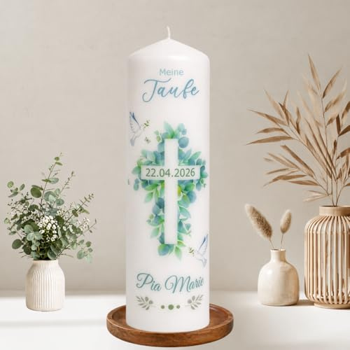 Taufkerze Mädchen, und Jungen mit Taufspruch, Blätter Kreuz mit Taube 25 cm x 8 cm, personalisierte Kerze, bedruckte Kerze zur Taufe, Stumpenkerze zur Taufe, Patenkerze,individuelles Taufgeschenk.