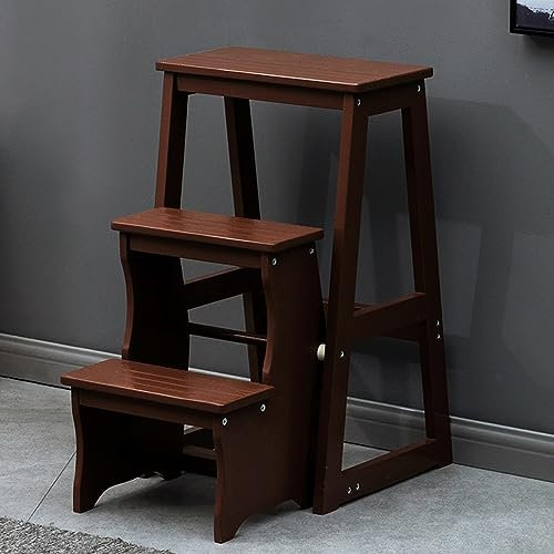 LJYKBFL Wooden Folding Library Ladder Chair, 3 Step Solid Wood Folding Ladder Chair, Protable Wooden Step Stool, Display Ladder And Storage Shelf, for Home, Household Work (Color : Brown)