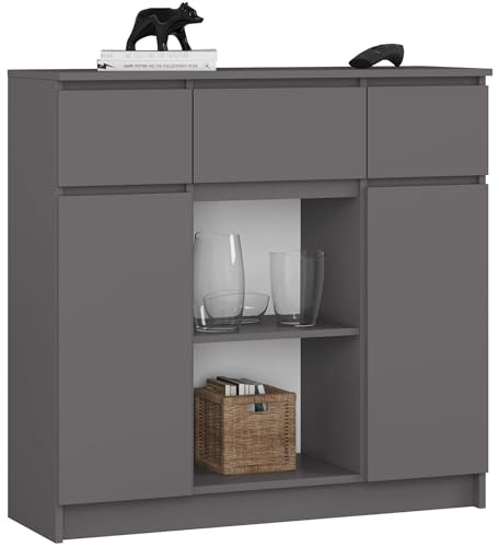 AKORD Kommode K100 mit 3 Schubladen, Schrank mit 2 Tür 6 Regalböden, Für das Wohnzimmer Schlafzimmer, Moderne, 16mm Laminierte Platte, B101xH98xT35 cm, Farbe Graphitgrau & Graphitgrau