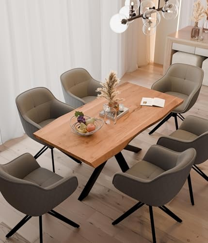 Linele® Essgruppe Baumkantentisch mit 6 Stühlen, Grau, 180 x 90 cm | Massivholz Akazienholz, Spider-Gestell, 360° drehbare Stühle, Samtbezug, PVC-frei & OEKO-TEX® zertifiziert