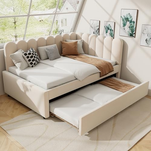 Biqzuya Schlafsofa, L, 140 x 200 cm, Velours, beige, Rückenlehne mit Blumenmuster, umwandelbar in ein Bett, Ecksofa, ausziehbar, für kleinen Raum (Matratze nicht im Lieferumfang enthalten)