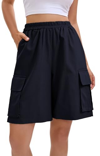 XKBHYD Bermuda d'été pour femme - Taille haute - Chino Cargo - Coton - Taille élastique avec poches, bleu marine, XXL