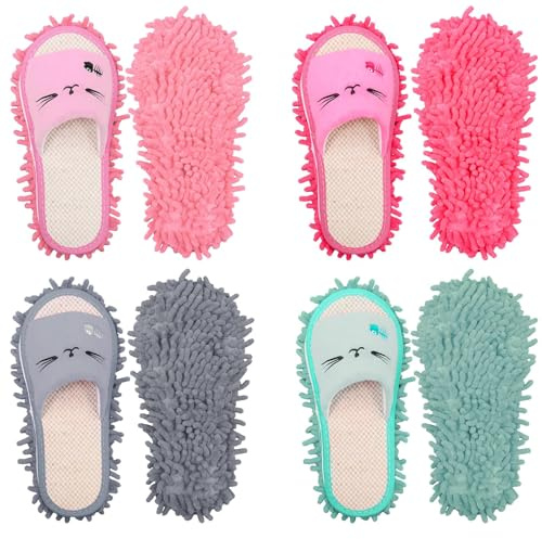 4 Paar Mop Putzschuhe, Waschbare Wischer Hausschuh für Damen Herren, Mikrofaser Staub Wisch Schuhe Bodenwischer Moppsocken Lazy Slippers für Küche Wohnzimmer Gäste Badezimmer, 30 x 12 cm, EU 36-44