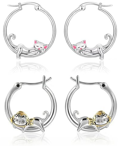 JYNXOR 2Paires Boucles d'oreilles enfant fille,Boucles d'oreilles Enfant de Chat,Petites boucle d'oreilles créoles en forme mignon Boucle d'oreilles Petite Creoles Animaux Hypoallergéniques