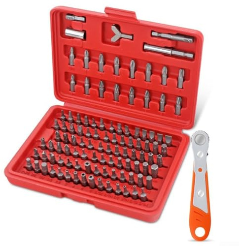 Lot de 105 tournevis plats cruciformes Torx triangulaires hexagonaux en acier au chrome vanadium Embouts de 25 mm pour différentes tailles de vis avec mini cliquet pour réparation et montage