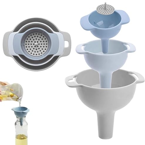 Set di imbuti da cucina 4 in 1 con filtro rimovibile, imbuti in plastica alimentare di 3 dimensioni per bottiglie, olio, farina e liquidi
