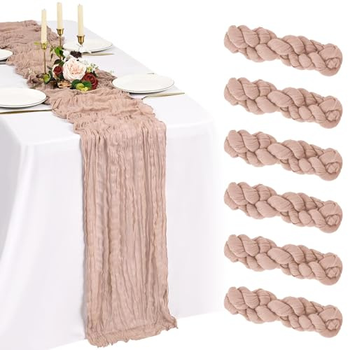 Showgeous Lot de 6 Chemins de Table Vieux Rose 55x300cm Mode Chemin de Table Bohèmes en Gaze,Boho en Tissu Froissé Mousseline Gaze de Coton Rustique pour Mariage,Fête Prénatale Décorations de Table