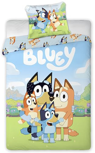 BrandMac Bluey & Bingo Junior Bettwäsche-Set | Bettbezug 100x135 cm mit Kissenbezug 40x60 cm | Offizielles Bluey Baby Bettwäsche-Set | Farbenfrohes Cartoon-Design