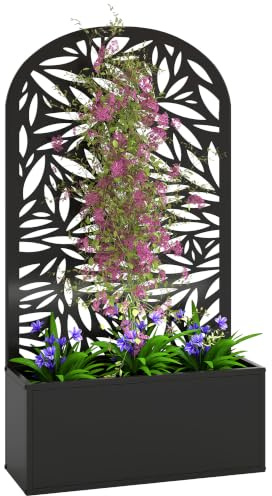Outsunny Jardinera Exterior Grande de Metal Patio 61x23x113 cm Negro | Jardinera con Pantalla de Privacidad Curva de Hojas Decorativas, Macetero de Pared o Independiente para Plantas Trepadoras