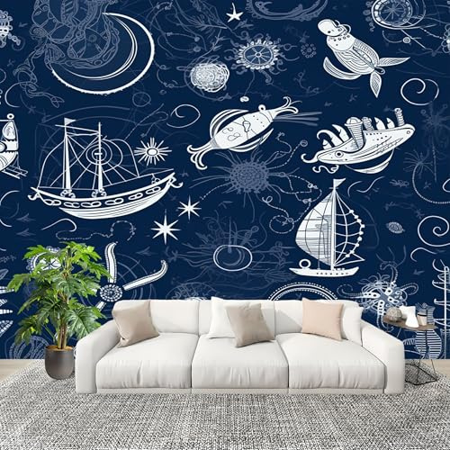 Imperméable,Inodore intérieure Papier Peint 350x256 cm ThèMe RéTro Aventureux Et Nautique Amovible Fresque Murale décorer Papier Peint Photo Bleu Pour Meuble Salon Salle Bain Chambre Armoire