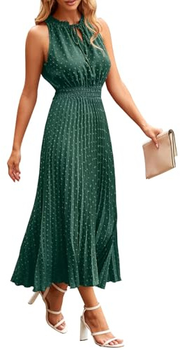 QUNERY Vestidos Verano Mujer Sin Mangas Vestido Largo Cuello en V Elegante Dress Volante de Lunares Suizos Elástica Cintura Alta Casual Verde XXL