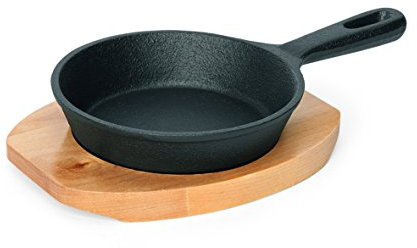 Sartén de hierro fundido, con posavasos de madera, no apto para lavavajillas, muy resistente, gran retención de calor, ideal para servir/diámetro 13 cm