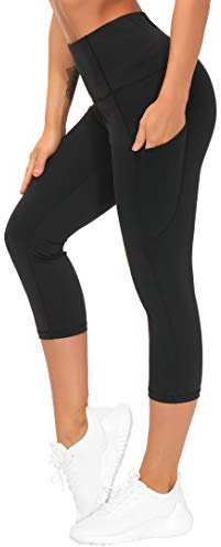 THE GYM PEOPLE Leggins Sportivi Donna 7/8 Capri a Vita Alta con Tasche, Pantacollant Donna, Controllo Addominale - per Palestra, Yoga, Corsa, Allenamento,Nero,S