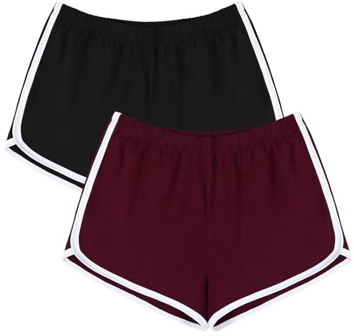URATOT 2-pack yoga korta byxor sommar löpning atletiska shorts dam dans gym träning elastisk midja shorts, Svart, Jujube röd, M