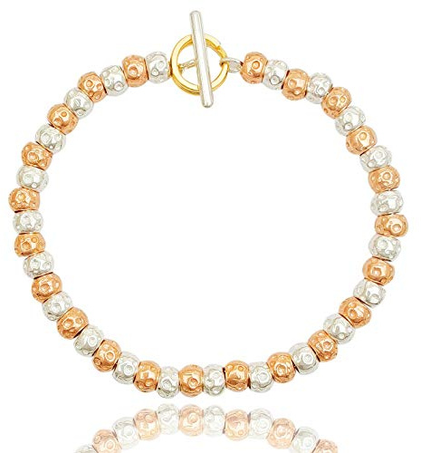 Braccialetto da donna con granelli pepite martellate bicolore argento/placcato oro rosa chiusura anello brisè placcato oro giallo, lunghezza su misura
