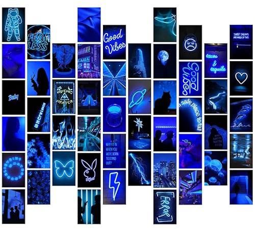 YINGENIVA 50-teiliges Wand-Collage-Set mit ästhetischen blauen Neonbildern, neonblaue Fotosammlungen, -Wohnheimdekorationen für Mädchen, Teenager und Frauen, trendiges Wanddruck, kleine Pos